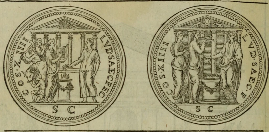 An illustration from Discours de la religion des anciens Romains : de la castrametation & discipline militaire d'iceux. Des bains & antiques exercitations grecques & romaines ..., 1581, leaf 281
