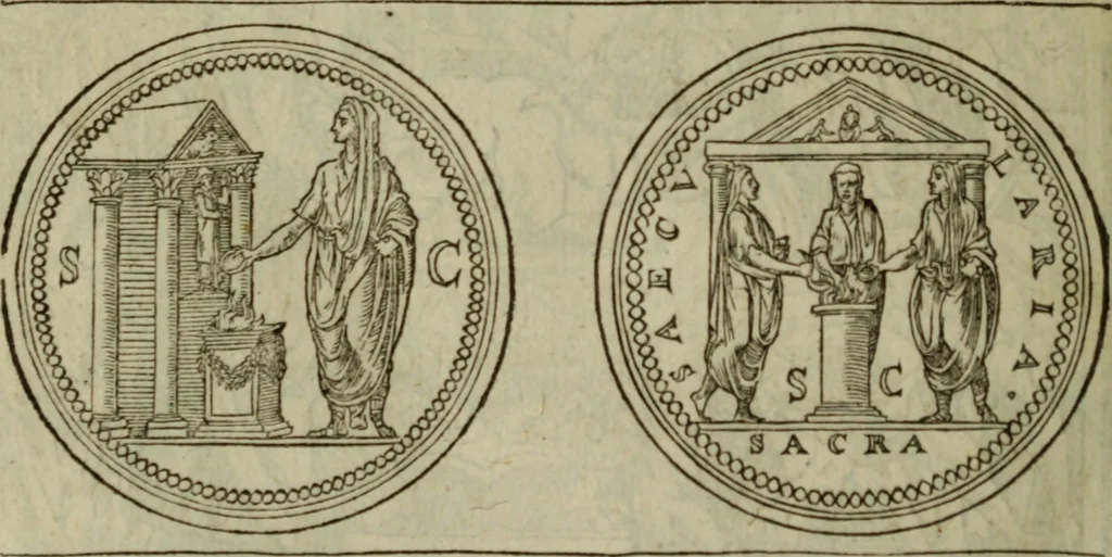 An illustration from Discours de la religion des anciens Romains : de la castrametation & discipline militaire d'iceux. Des bains & antiques exercitations grecques & romaines ..., 1581, leaf 281