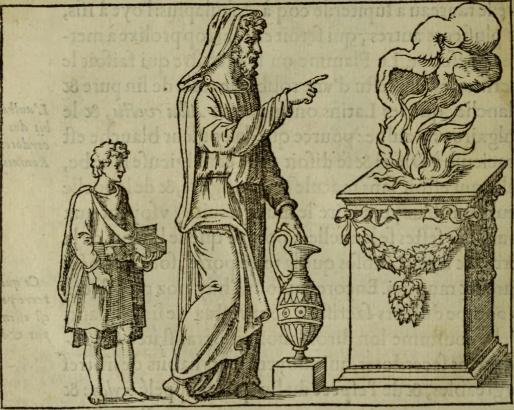 An illustration from Discours de la religion des anciens Romains : de la castrametation & discipline militaire d'iceux. Des bains & antiques exercitations grecques & romaines ..., 1581, leaf 295