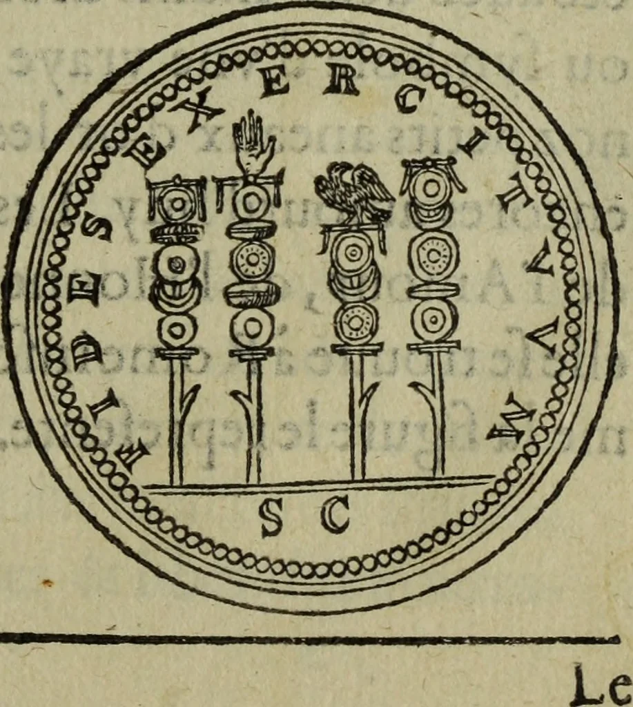 An illustration from Discours de la religion des anciens Romains : de la castrametation & discipline militaire d'iceux. Des bains & antiques exercitations grecques & romaines ..., 1581, leaf 30