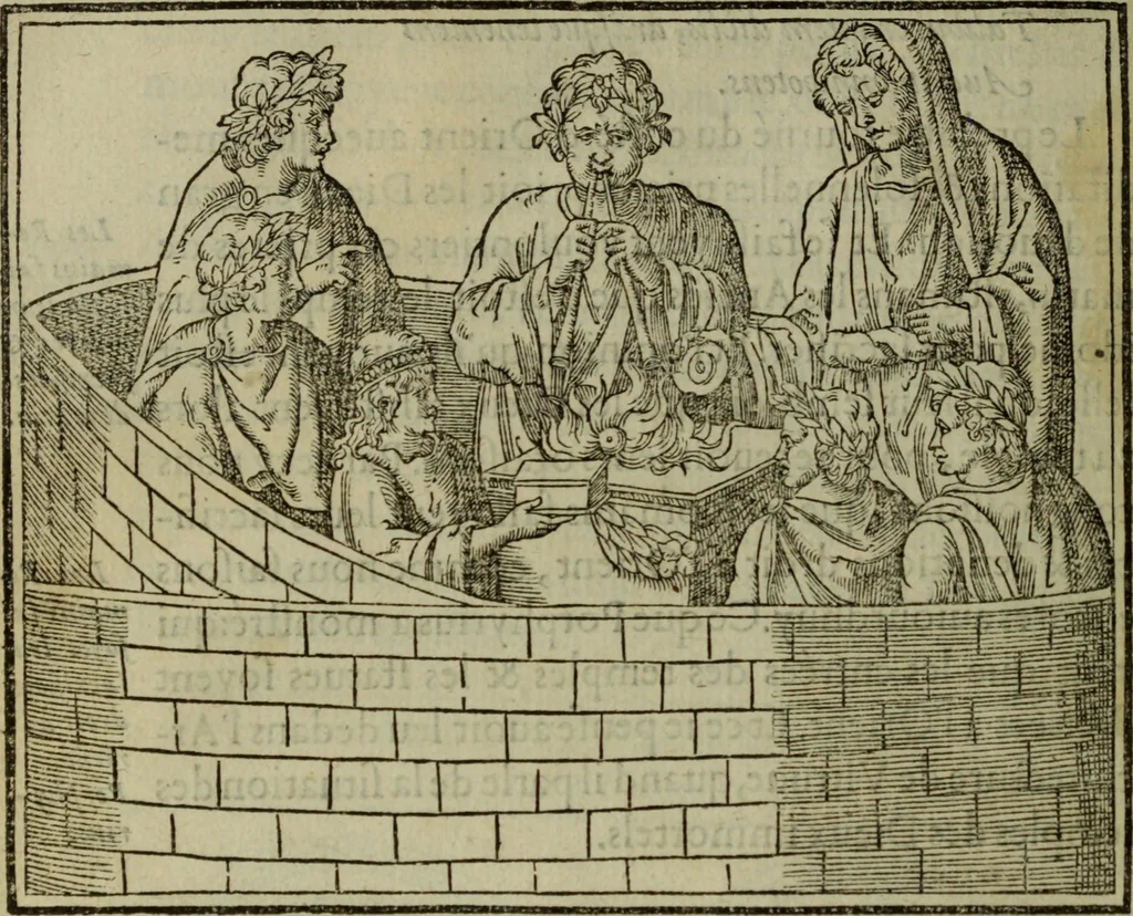 An illustration from Discours de la religion des anciens Romains : de la castrametation & discipline militaire d'iceux. Des bains & antiques exercitations grecques & romaines ..., 1581, leaf 303