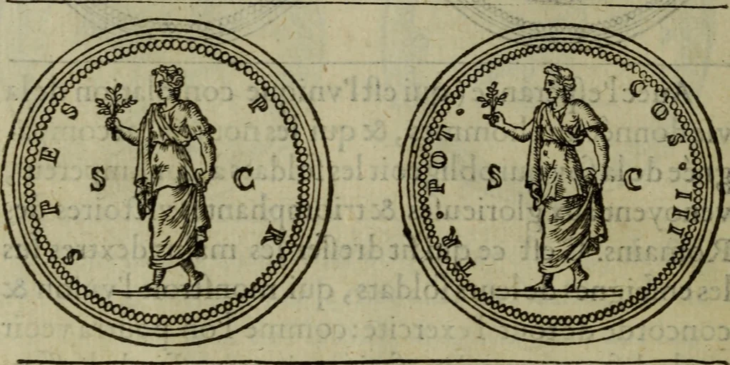 An illustration from Discours de la religion des anciens Romains : de la castrametation & discipline militaire d'iceux. Des bains & antiques exercitations grecques & romaines ..., 1581, leaf 31