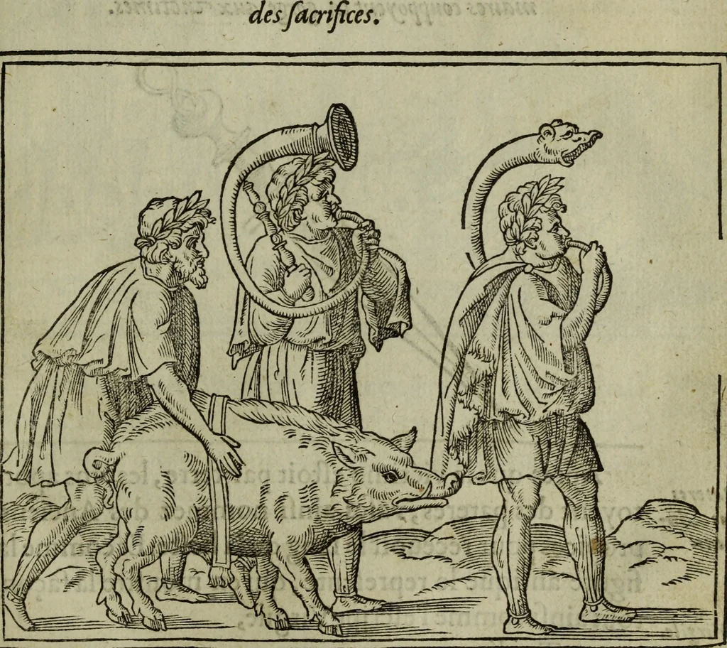 An illustration from Discours de la religion des anciens Romains : de la castrametation & discipline militaire d'iceux. Des bains & antiques exercitations grecques & romaines ..., 1581, leaf 310