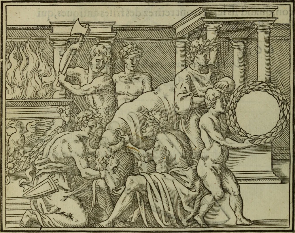 An illustration from Discours de la religion des anciens Romains : de la castrametation & discipline militaire d'iceux. Des bains & antiques exercitations grecques & romaines ..., 1581, leaf 321