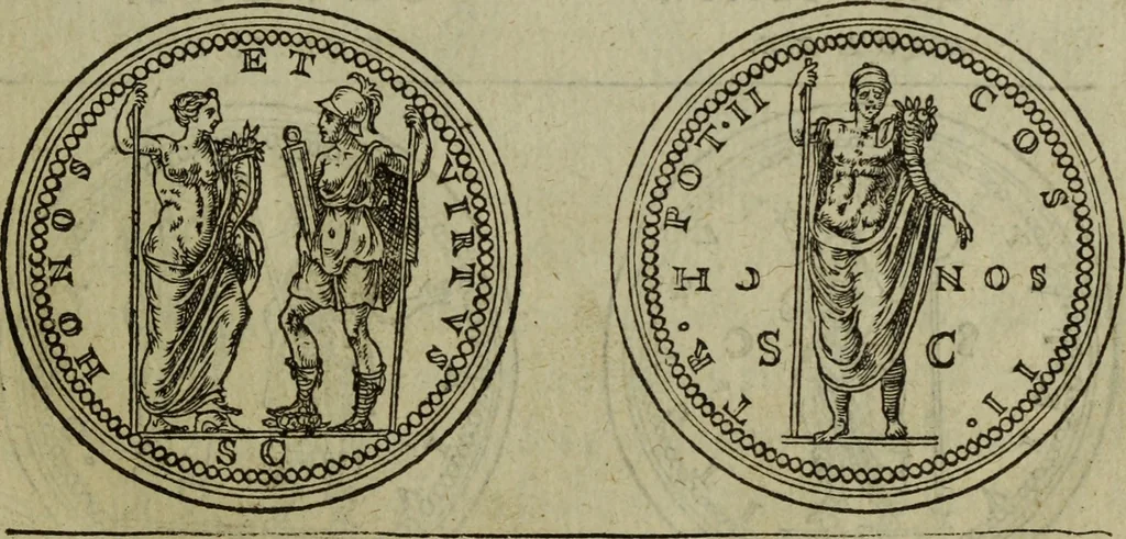 An illustration from Discours de la religion des anciens Romains : de la castrametation & discipline militaire d'iceux. Des bains & antiques exercitations grecques & romaines ..., 1581, leaf 36