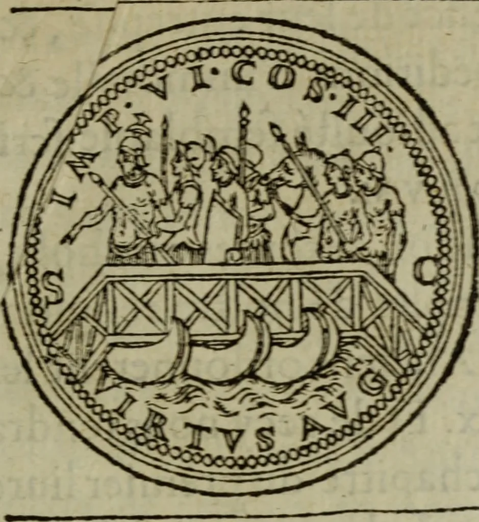 An illustration from Discours de la religion des anciens Romains : de la castrametation & discipline militaire d'iceux. Des bains & antiques exercitations grecques & romaines ..., 1581, leaf 38