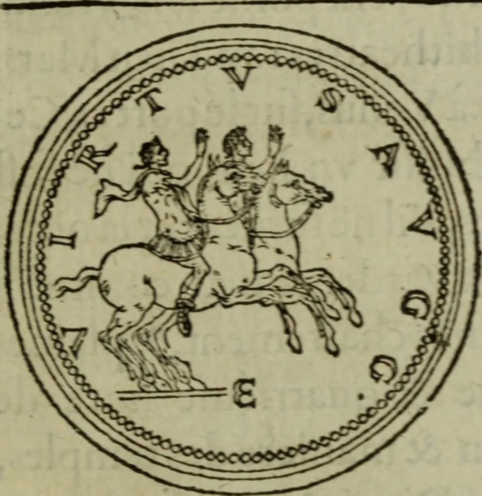 An illustration from Discours de la religion des anciens Romains : de la castrametation & discipline militaire d'iceux. Des bains & antiques exercitations grecques & romaines ..., 1581, leaf 38