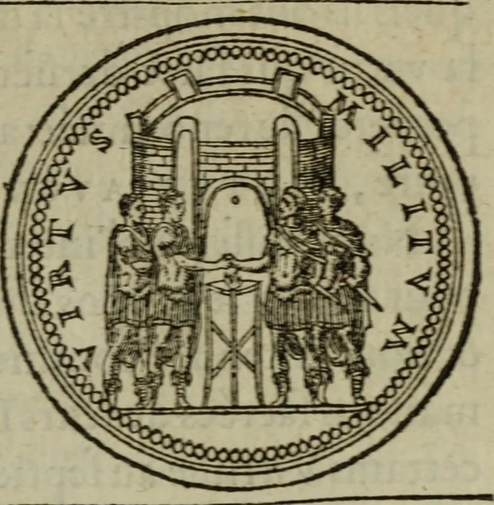 An illustration from Discours de la religion des anciens Romains : de la castrametation & discipline militaire d'iceux. Des bains & antiques exercitations grecques & romaines ..., 1581, leaf 38