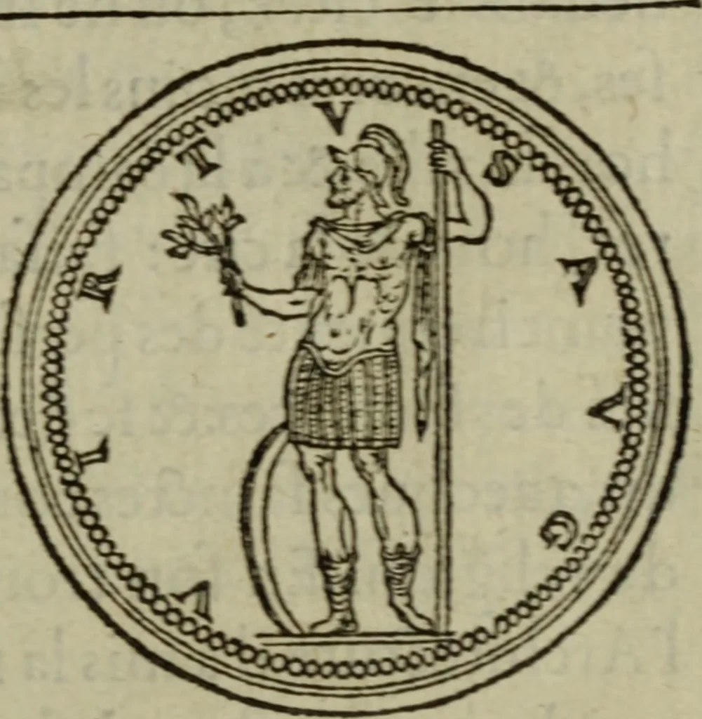 An illustration from Discours de la religion des anciens Romains : de la castrametation & discipline militaire d'iceux. Des bains & antiques exercitations grecques & romaines ..., 1581, leaf 38