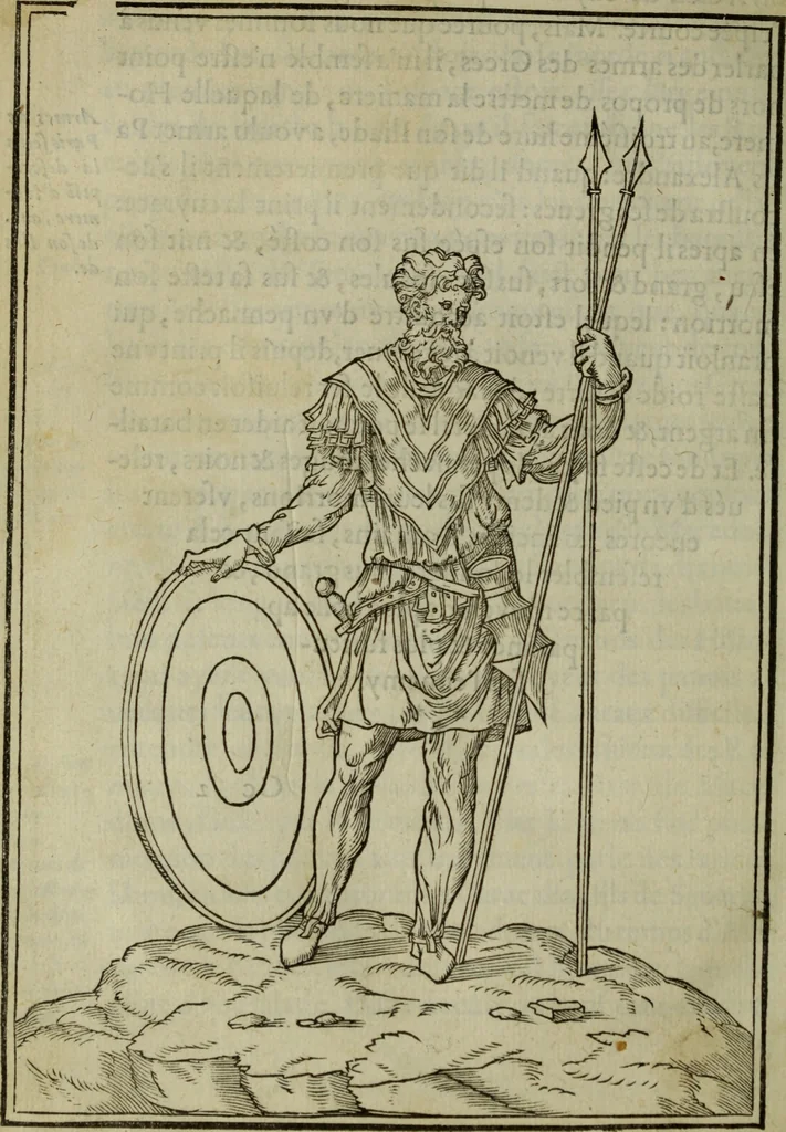 An illustration from Discours de la religion des anciens Romains : de la castrametation & discipline militaire d'iceux. Des bains & antiques exercitations grecques & romaines ..., 1581, leaf 413