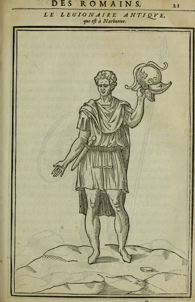An illustration from Discours de la religion des anciens Romains : de la castrametation & discipline militaire d'iceux. Des bains & antiques exercitations grecques & romaines ..., 1581, leaf 414