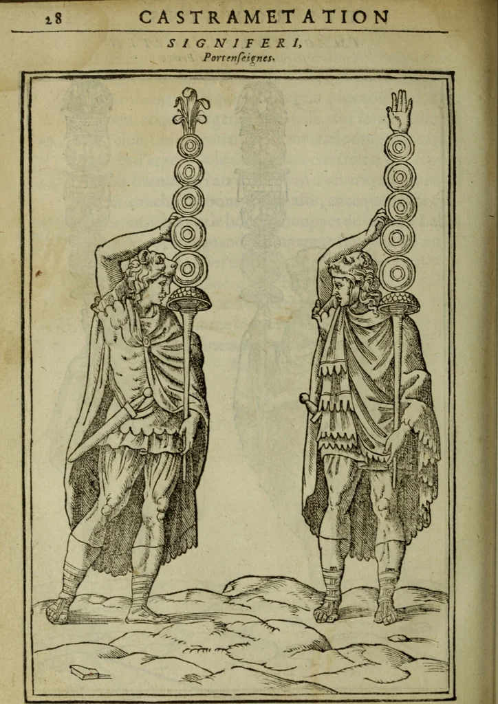 An illustration from Discours de la religion des anciens Romains : de la castrametation & discipline militaire d'iceux. Des bains & antiques exercitations grecques & romaines ..., 1581, leaf 421