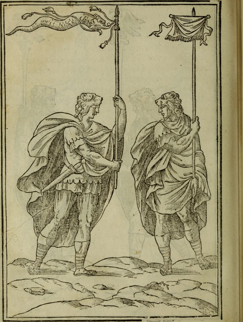 An illustration from Discours de la religion des anciens Romains : de la castrametation & discipline militaire d'iceux. Des bains & antiques exercitations grecques & romaines ..., 1581, leaf 423