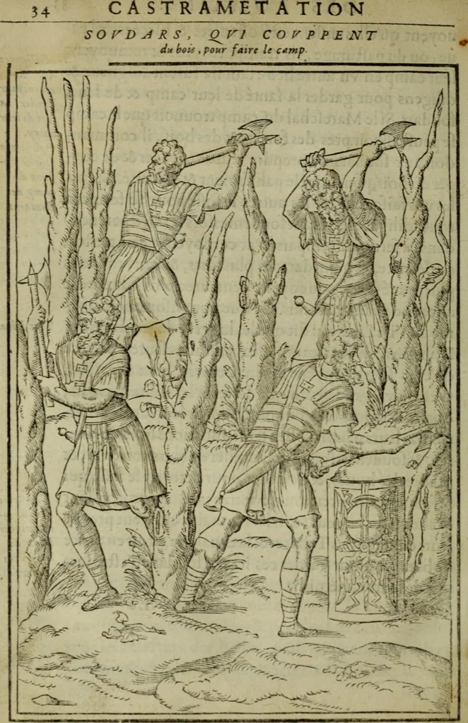 An illustration from Discours de la religion des anciens Romains : de la castrametation & discipline militaire d'iceux. Des bains & antiques exercitations grecques & romaines ..., 1581, leaf 427