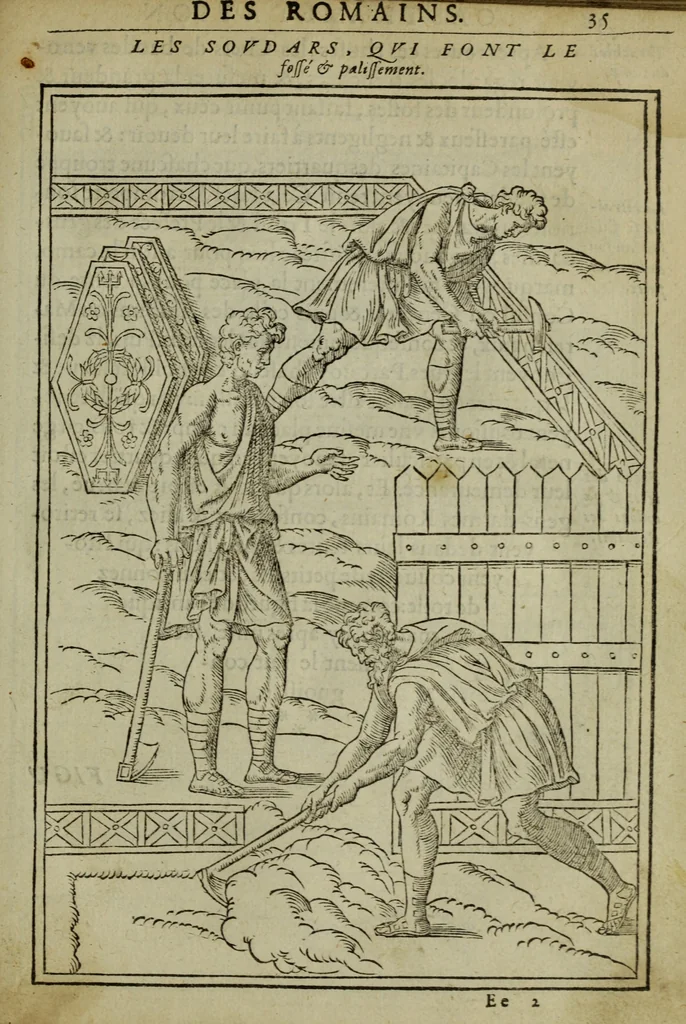An illustration from Discours de la religion des anciens Romains : de la castrametation & discipline militaire d'iceux. Des bains & antiques exercitations grecques & romaines ..., 1581, leaf 428