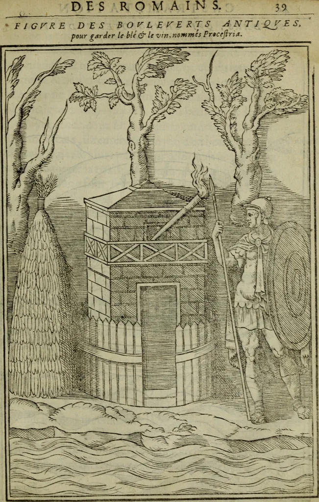 An illustration from Discours de la religion des anciens Romains : de la castrametation & discipline militaire d'iceux. Des bains & antiques exercitations grecques & romaines ..., 1581, leaf 432