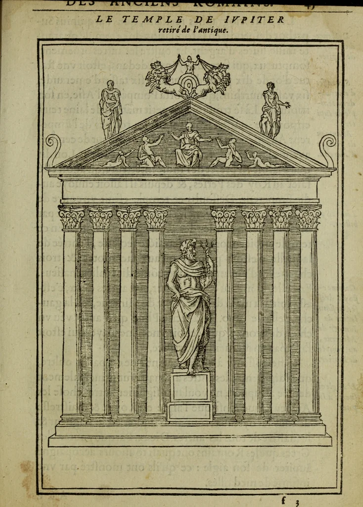 An illustration from Discours de la religion des anciens Romains : de la castrametation & discipline militaire d'iceux. Des bains & antiques exercitations grecques & romaines ..., 1581, leaf 44