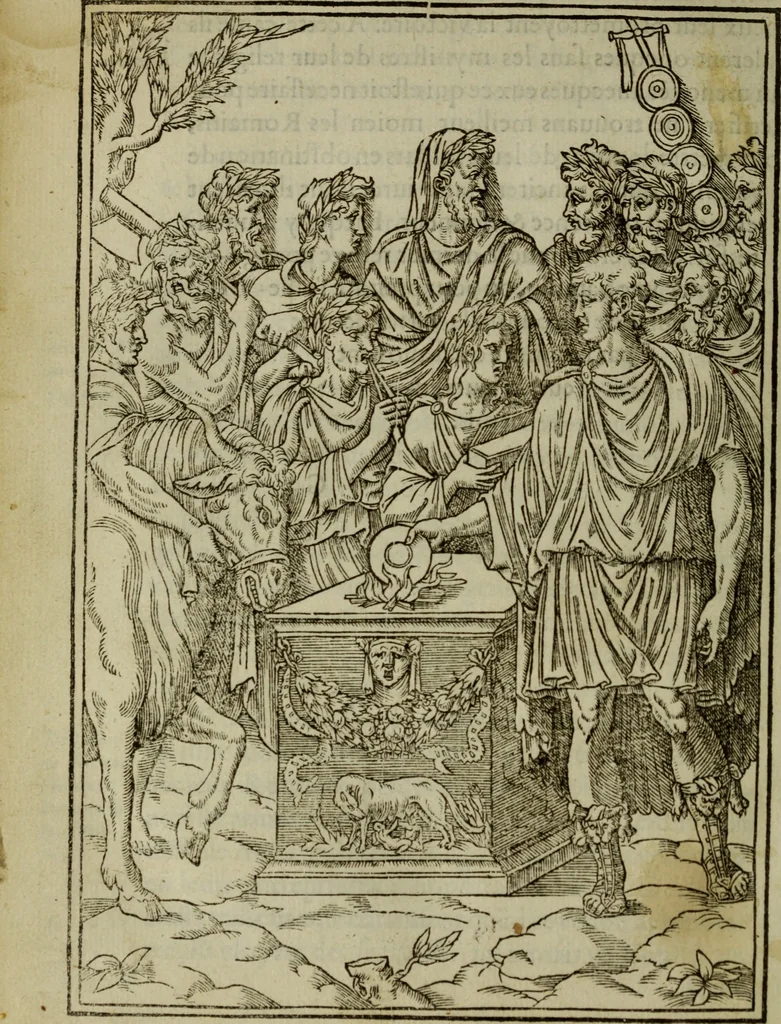 An illustration from Discours de la religion des anciens Romains : de la castrametation & discipline militaire d'iceux. Des bains & antiques exercitations grecques & romaines ..., 1581, leaf 443