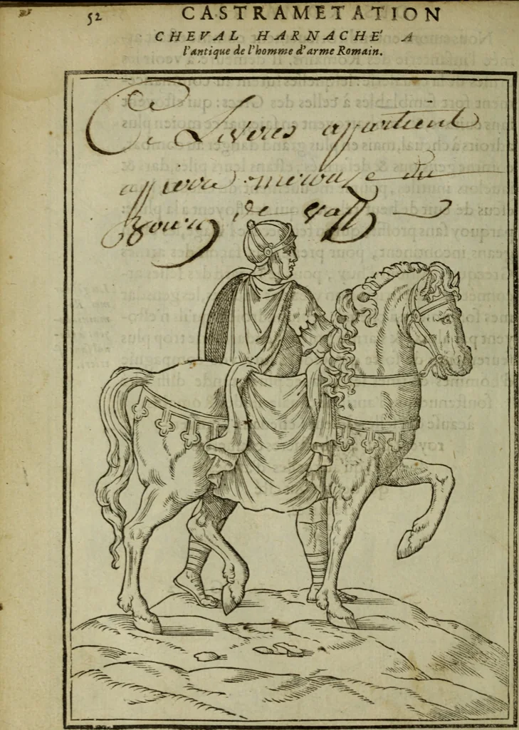 An illustration from Discours de la religion des anciens Romains : de la castrametation & discipline militaire d'iceux. Des bains & antiques exercitations grecques & romaines ..., 1581, leaf 445