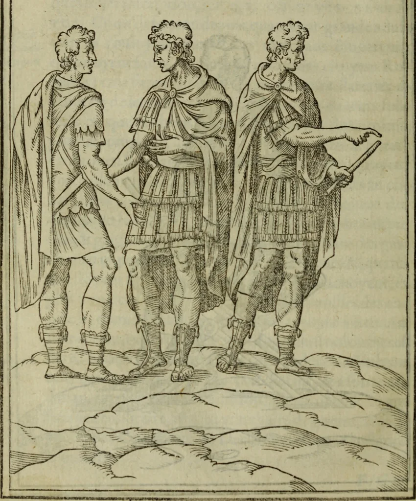 An illustration from Discours de la religion des anciens Romains : de la castrametation & discipline militaire d'iceux. Des bains & antiques exercitations grecques & romaines ..., 1581, leaf 465