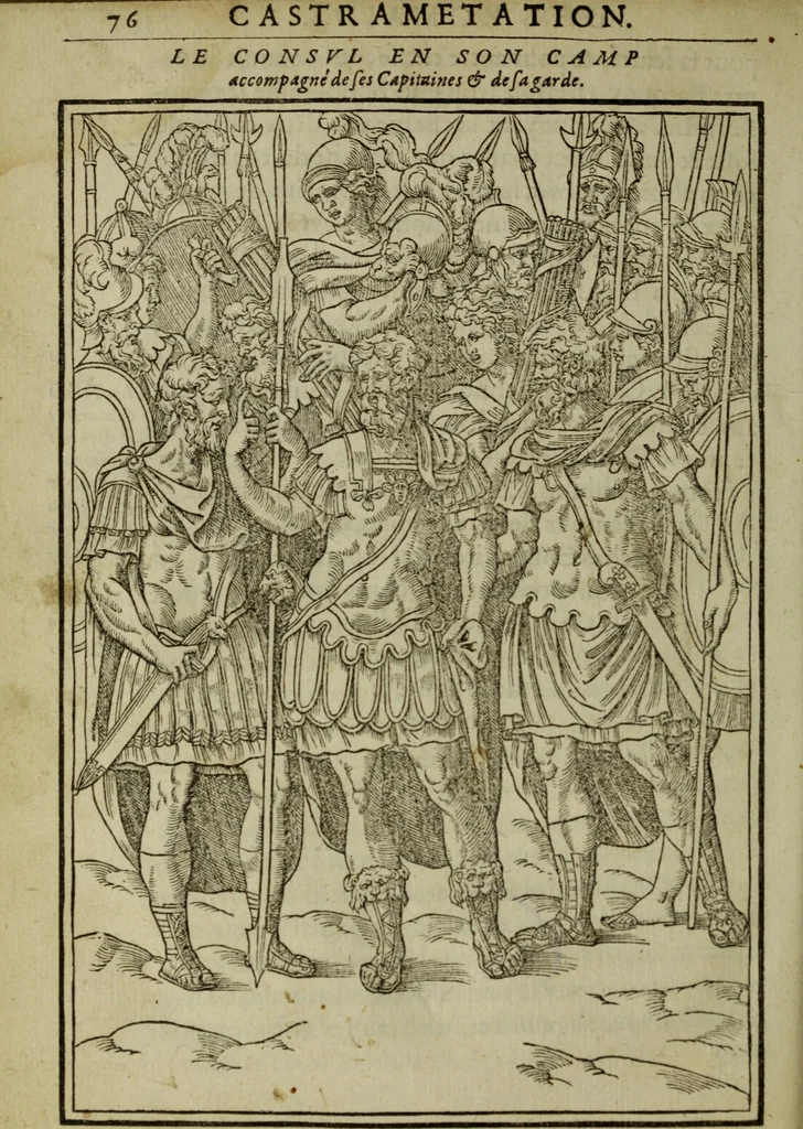 An illustration from Discours de la religion des anciens Romains : de la castrametation & discipline militaire d'iceux. Des bains & antiques exercitations grecques & romaines ..., 1581, leaf 469