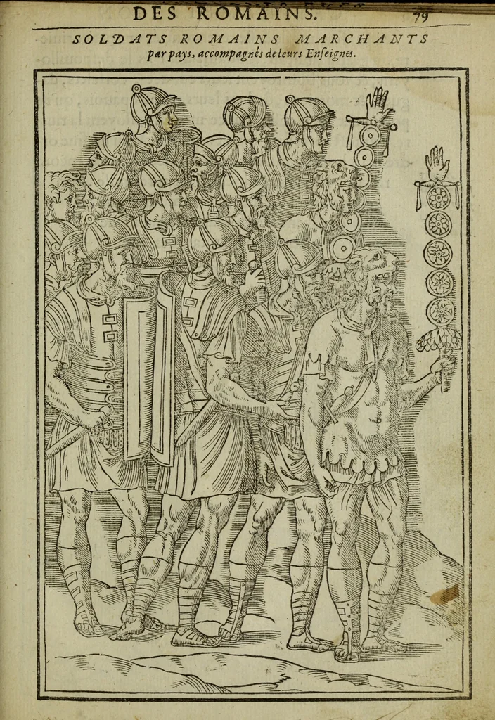 An illustration from Discours de la religion des anciens Romains : de la castrametation & discipline militaire d'iceux. Des bains & antiques exercitations grecques & romaines ..., 1581, leaf 472