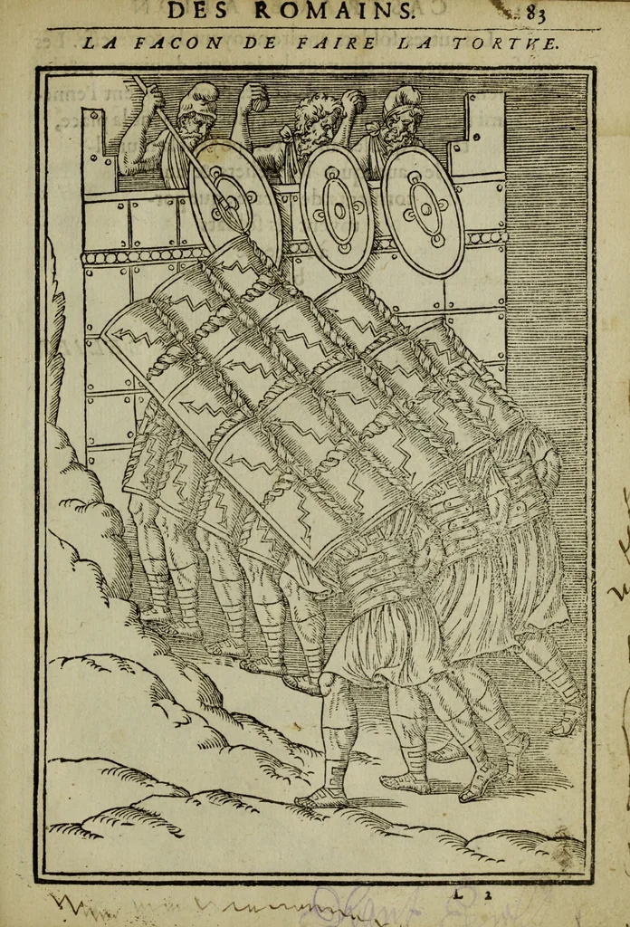 An illustration from Discours de la religion des anciens Romains : de la castrametation & discipline militaire d'iceux. Des bains & antiques exercitations grecques & romaines ..., 1581, leaf 476