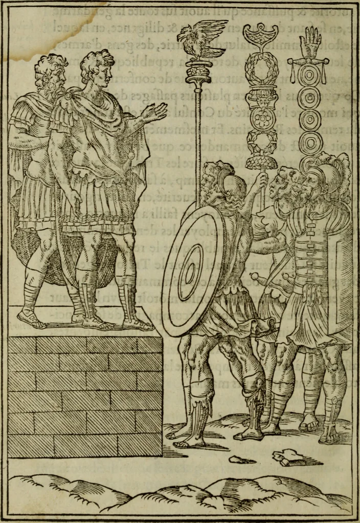 An illustration from Discours de la religion des anciens Romains : de la castrametation & discipline militaire d'iceux. Des bains & antiques exercitations grecques & romaines ..., 1581, leaf 497