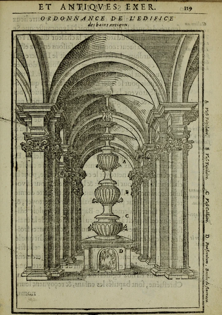 An illustration from Discours de la religion des anciens Romains : de la castrametation & discipline militaire d'iceux. Des bains & antiques exercitations grecques & romaines ..., 1581, leaf 512