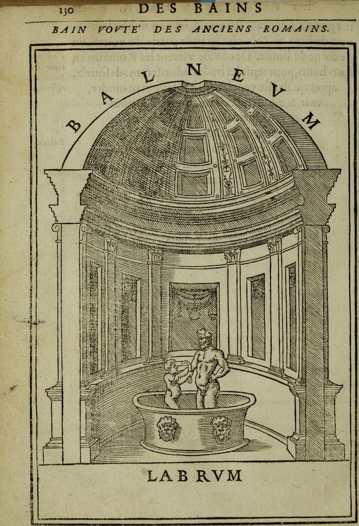 An illustration from Discours de la religion des anciens Romains : de la castrametation & discipline militaire d'iceux. Des bains & antiques exercitations grecques & romaines ..., 1581, leaf 523