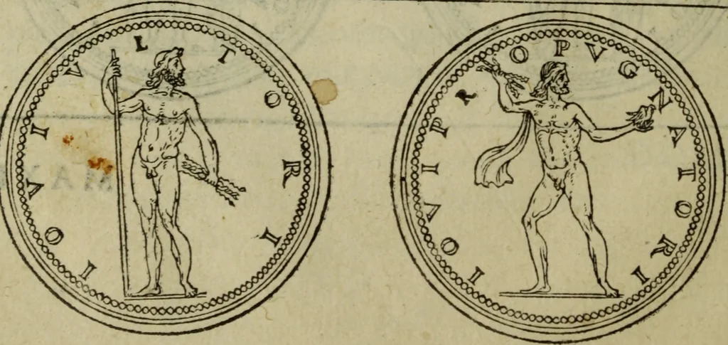 An illustration from Discours de la religion des anciens Romains : de la castrametation & discipline militaire d'iceux. Des bains & antiques exercitations grecques & romaines ..., 1581, leaf 61
