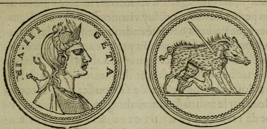 An illustration from Discours de la religion des anciens Romains : de la castrametation & discipline militaire d'iceux. Des bains & antiques exercitations grecques & romaines ..., 1581, leaf 86