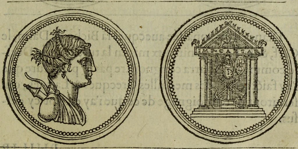 An illustration from Discours de la religion des anciens Romains : de la castrametation & discipline militaire d'iceux. Des bains & antiques exercitations grecques & romaines ..., 1581, leaf 88