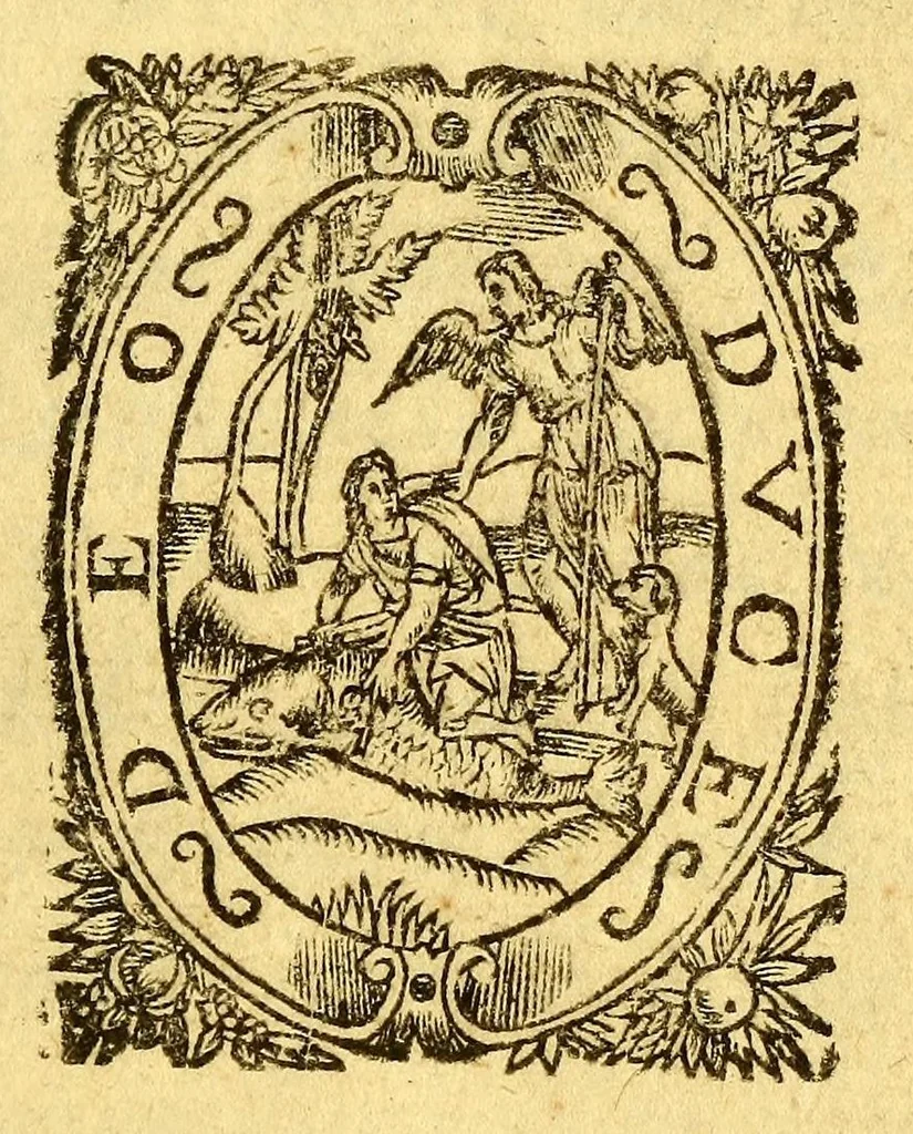 An illustration from Discours du voyage fait par le Capitaine Iaques Cartier aux terres-neufues de Canadas, Norembergue, Hochelage, Labrador, & pays adiacens, dite nouuelle France, : auec particulieres moeurs, langage, & ceremonies des habitans d'icelle, 1598, leaf 5