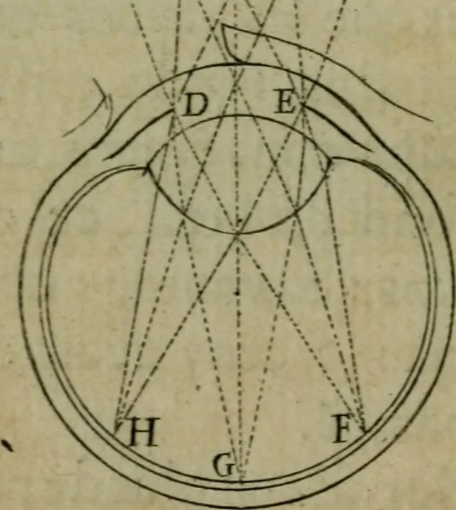 An illustration from Discours touchant le point de veue : dans lequel il est prouvé que les choses qu'on voit distinctement, ne sont veuës que d'un il, 1679, leaf 100