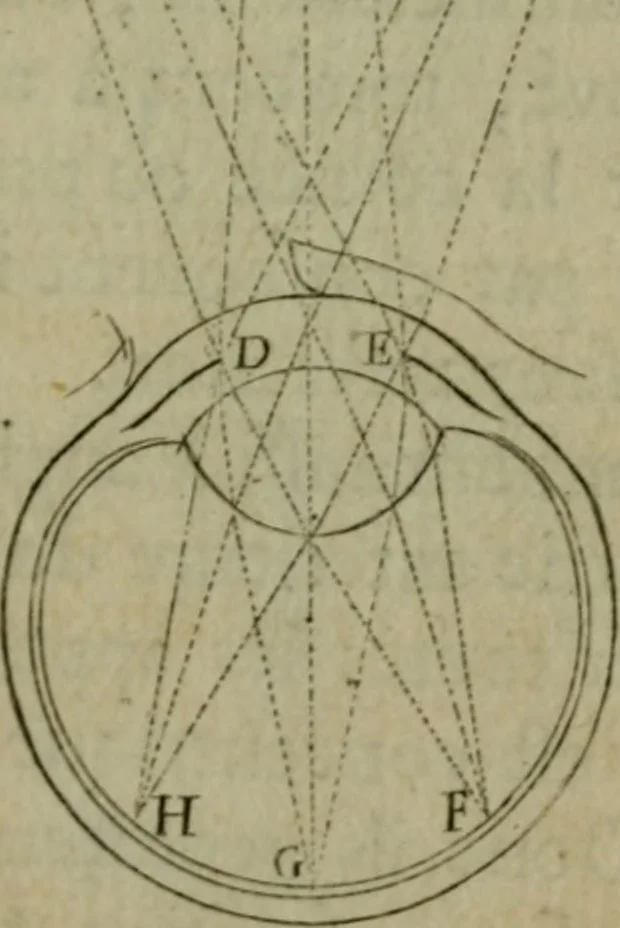 An illustration from Discours touchant le point de veue : dans lequel il est prouvé que les choses qu'on voit distinctement, ne sont veuës que d'un il, 1679, leaf 102