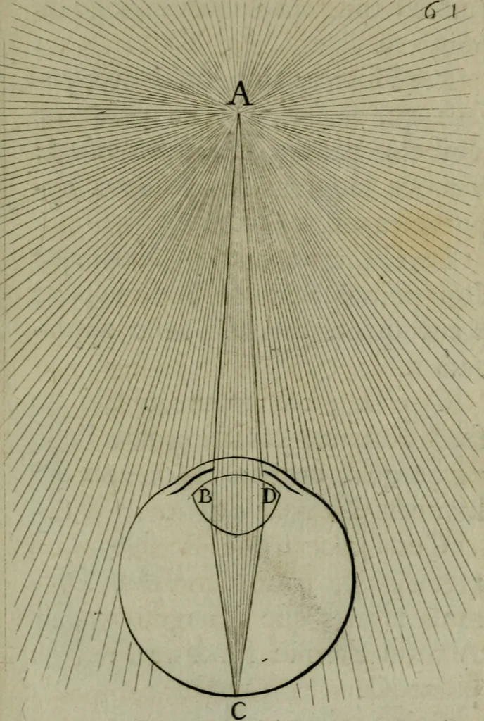 An illustration from Discours touchant le point de veue : dans lequel il est prouvé que les choses qu'on voit distinctement, ne sont veuës que d'un il, 1679, leaf 80