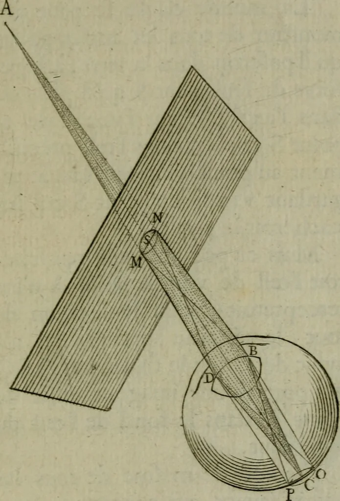 An illustration from Discours touchant le point de veue : dans lequel il est prouvé que les choses qu'on voit distinctement, ne sont veuës que d'un il, 1679, leaf 86