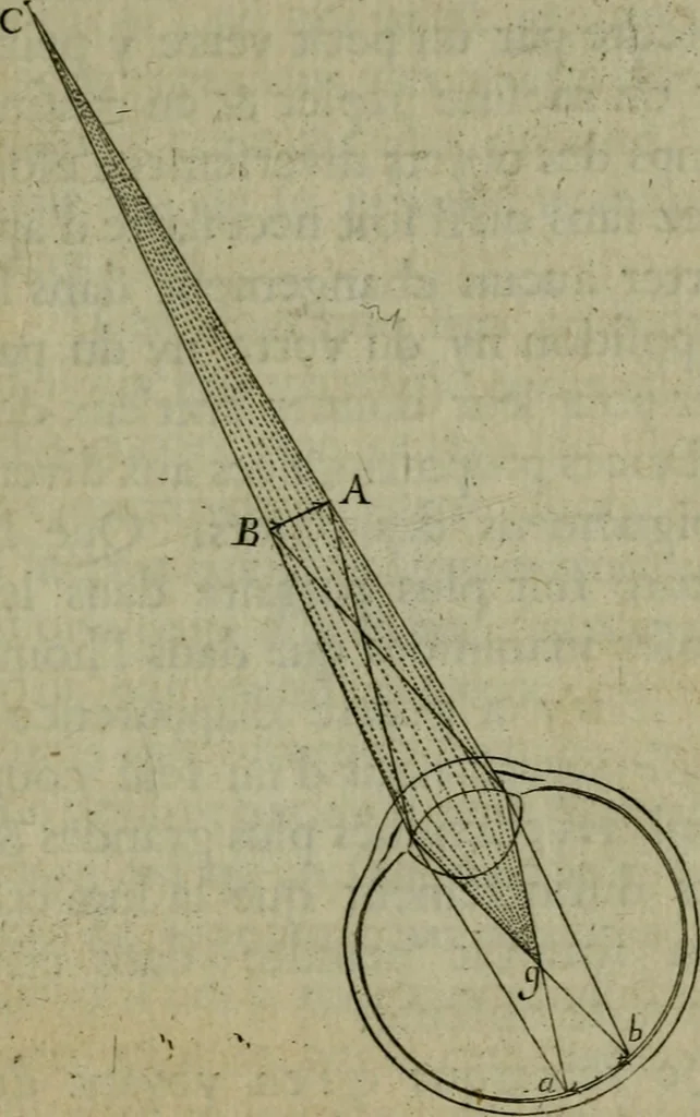 An illustration from Discours touchant le point de veue : dans lequel il est prouvé que les choses qu'on voit distinctement, ne sont veuës que d'un il, 1679, leaf 96