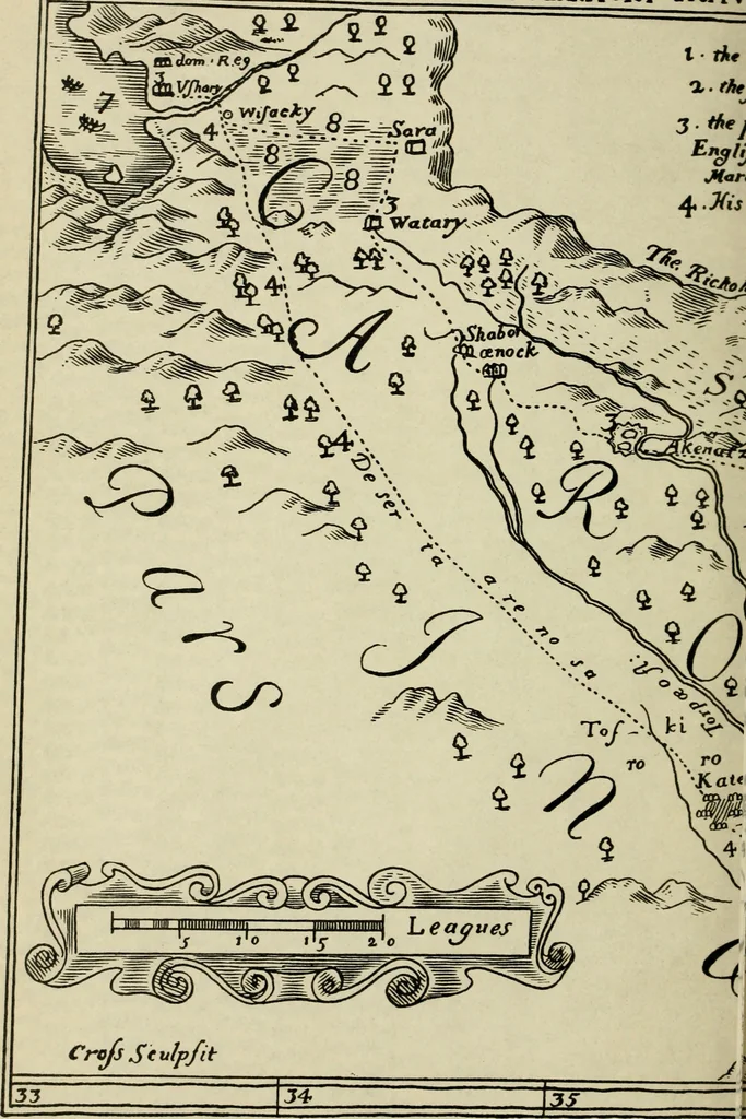An illustration from The discoveries of John Lederer, in three several marches from Vriginia, to the west of Carolina, and other parts of the continent: begun in March 1669, and ended in September 1670. Together with a general map of the whole territory which he traversed, 1672, leaf 4