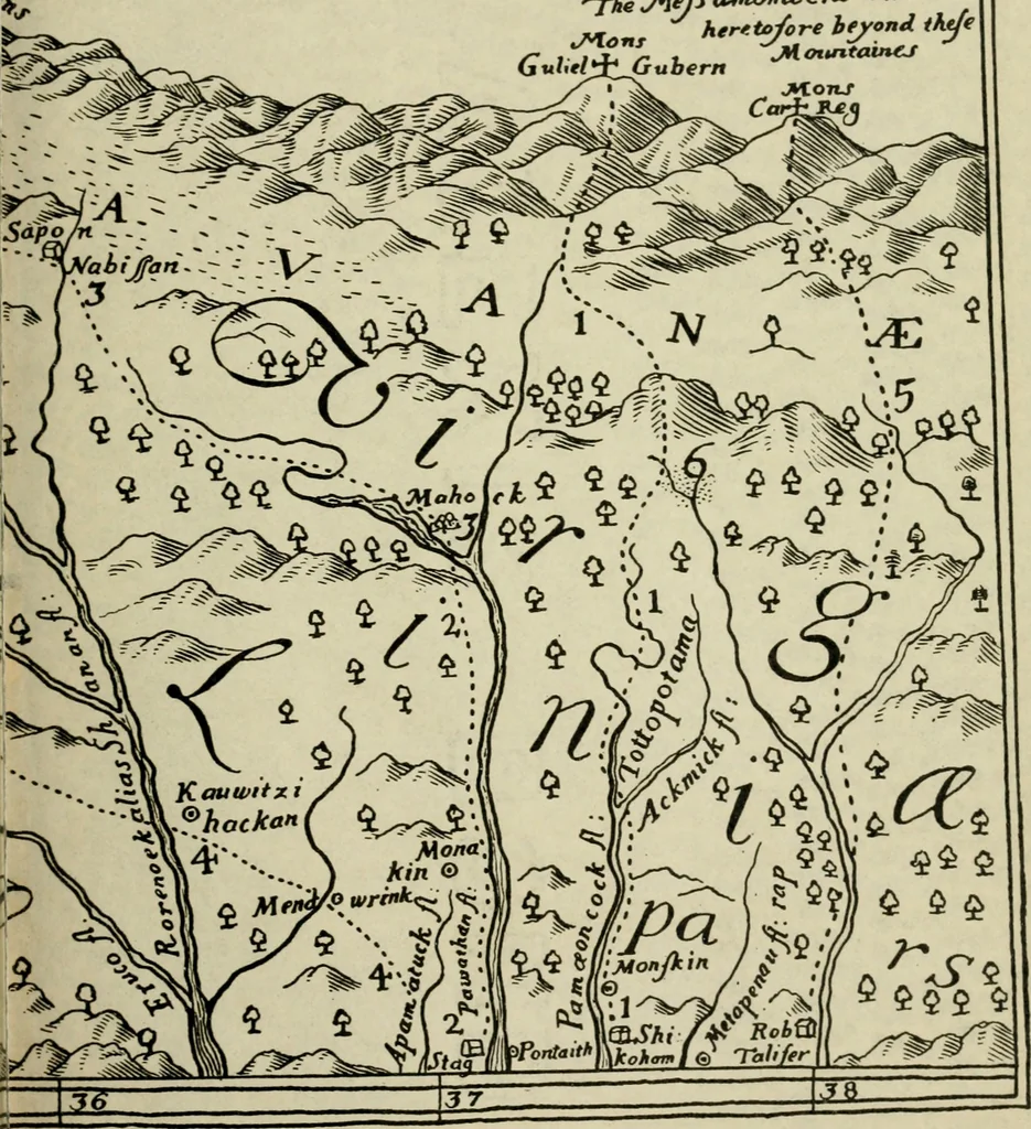An illustration from The discoveries of John Lederer, in three several marches from Vriginia, to the west of Carolina, and other parts of the continent: begun in March 1669, and ended in September 1670. Together with a general map of the whole territory which he traversed, 1672, leaf 5