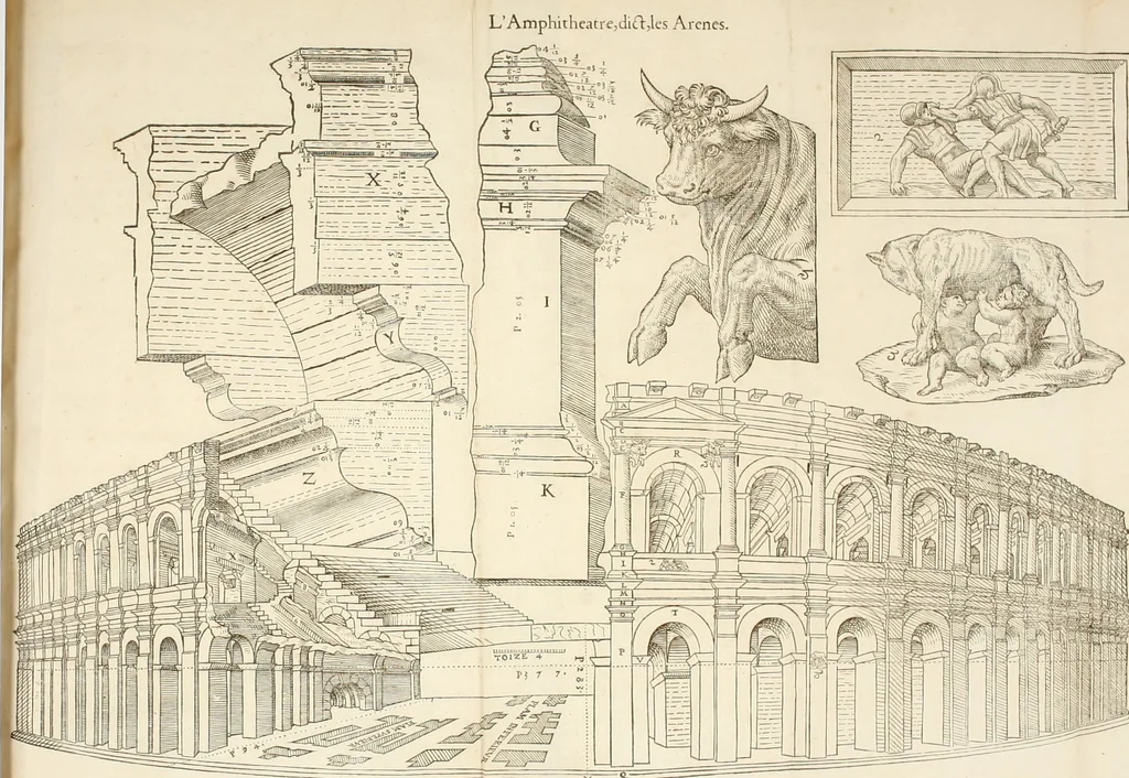 An illustration from Discovrs historial de l'antiqve et illvstre cité de Nismes en la Gaule narbonoise : auec les portraitz des plus antiques & insignes bastimens dudit lieu, reduitz à leur vraye mesure & proportion, ensemble de l'antique & moderne ville, 1560, leaf 153