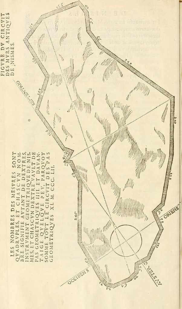 An illustration from Discovrs historial de l'antiqve et illvstre cité de Nismes en la Gaule narbonoise : auec les portraitz des plus antiques & insignes bastimens dudit lieu, reduitz à leur vraye mesure & proportion, ensemble de l'antique & moderne ville, 1560, leaf 41
