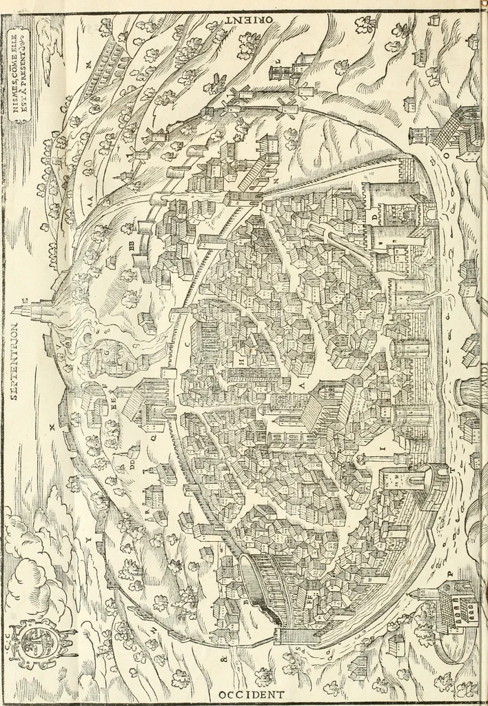 An illustration from Discovrs historial de l'antiqve et illvstre cité de Nismes en la Gaule narbonoise : auec les portraitz des plus antiques & insignes bastimens dudit lieu, reduitz à leur vraye mesure & proportion, ensemble de l'antique & moderne ville, 1560, leaf 43