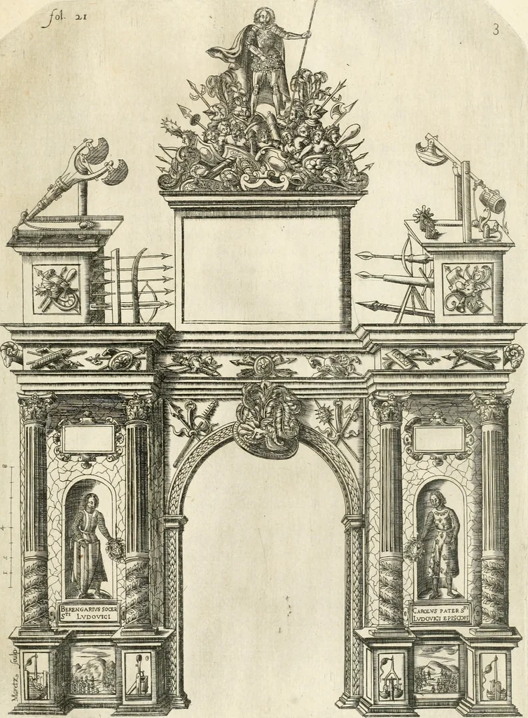 An illustration from Discovrs svr les arcs triomphavx dressés en la ville d'Aix : à l'heureuse arriuée de tres-chrestien, tres-grand, & tres-iuste monarque Lovys XIII. roy de France, & de Nauarre, 1624, leaf 44