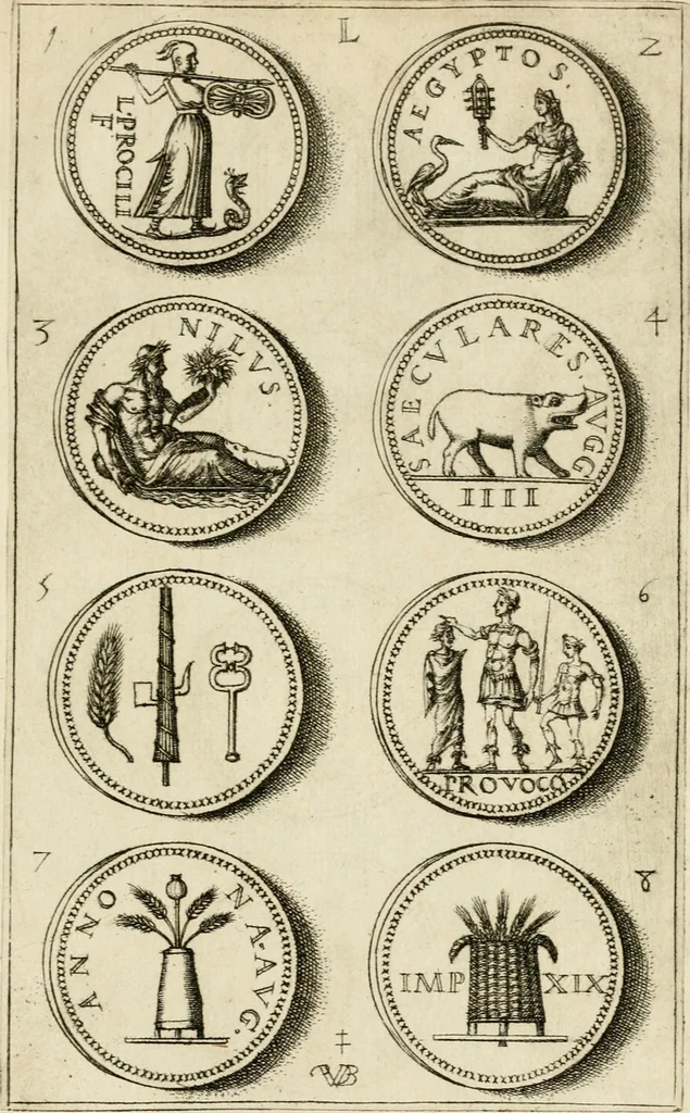 An illustration from Discovrs svr les medalles et gravevres antiques, principalement romaines. Plus, vne exposition particuliere de quelques planches ou tables estans sur la fin de ce liure, esquelles sont monstrees diuerses medalles & graueures antiques, rares & exquises, 1579, leaf 350