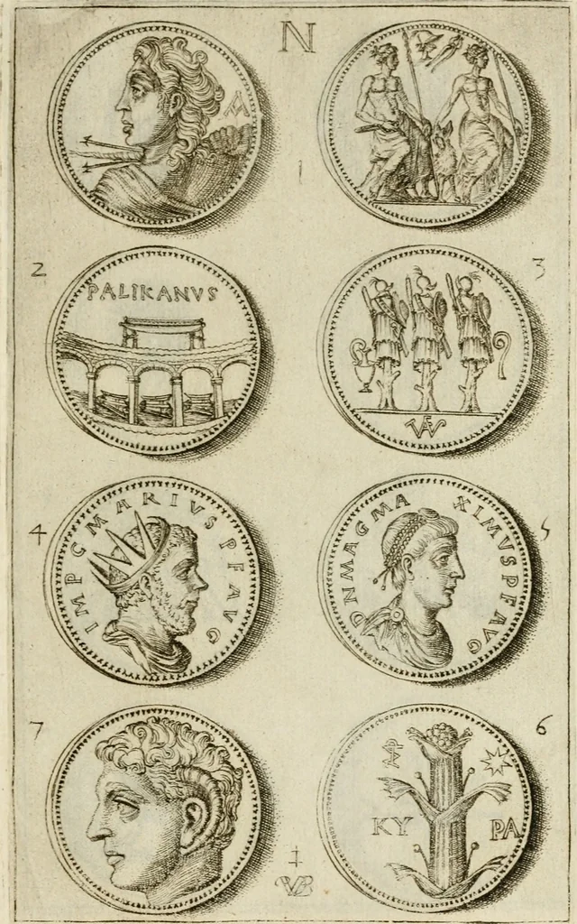 An illustration from Discovrs svr les medalles et gravevres antiques, principalement romaines. Plus, vne exposition particuliere de quelques planches ou tables estans sur la fin de ce liure, esquelles sont monstrees diuerses medalles & graueures antiques, rares & exquises, 1579, leaf 354