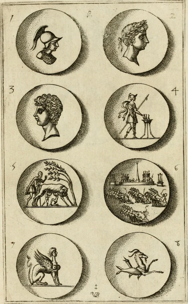 An illustration from Discovrs svr les medalles et gravevres antiques, principalement romaines. Plus, vne exposition particuliere de quelques planches ou tables estans sur la fin de ce liure, esquelles sont monstrees diuerses medalles & graueures antiques, rares & exquises, 1579, leaf 356