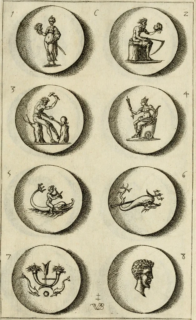 An illustration from Discovrs svr les medalles et gravevres antiques, principalement romaines. Plus, vne exposition particuliere de quelques planches ou tables estans sur la fin de ce liure, esquelles sont monstrees diuerses medalles & graueures antiques, rares & exquises, 1579, leaf 360