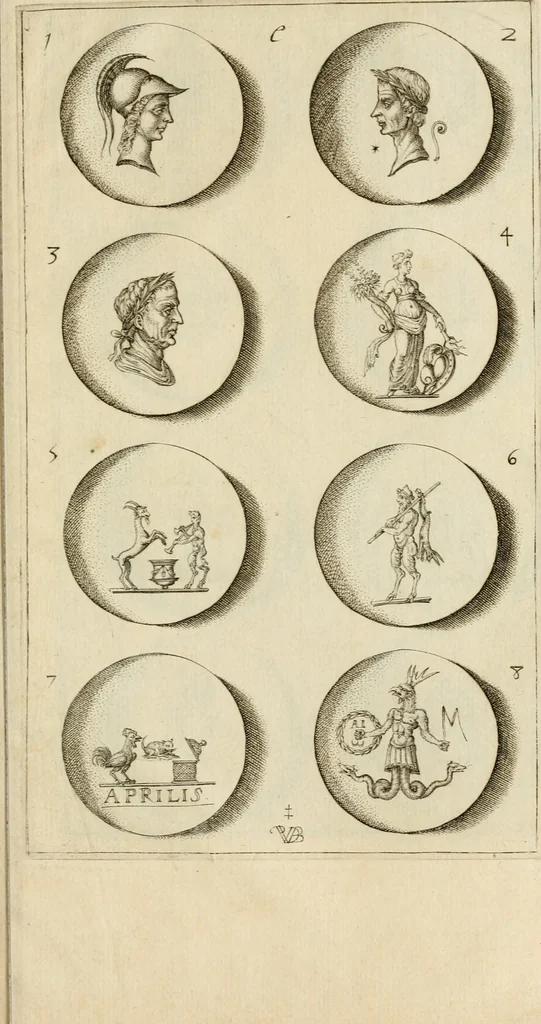 An illustration from Discovrs svr les medalles et gravevres antiques, principalement romaines. Plus, vne exposition particuliere de quelques planches ou tables estans sur la fin de ce liure, esquelles sont monstrees diuerses medalles & graueures antiques, rares & exquises, 1579, leaf 364